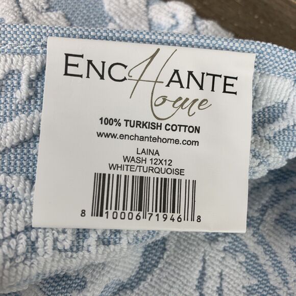 Enchante Home Fine Turkish Cotton 8-Pc. Laina White Turquoise Wash Cloth 12x12 - Picture 6 of 6